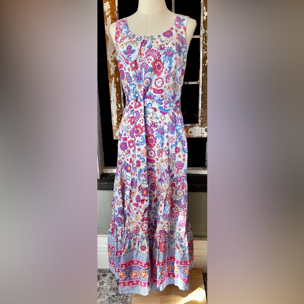 Talbots 2 Petite Floral Cotton Maxi Dress Sleeveless Scoop Neck Belted - Picture 2 of 8